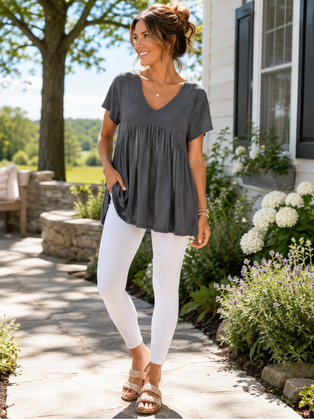 Empire Waist V-Neck Short Sleeve Top - Charcoal, Size M